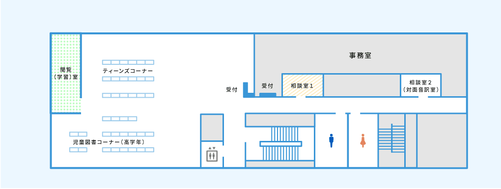 3階 児童図書コーナー（高学年）・ティーンズコーナー・閲覧（学習）室・相談室・事務室等